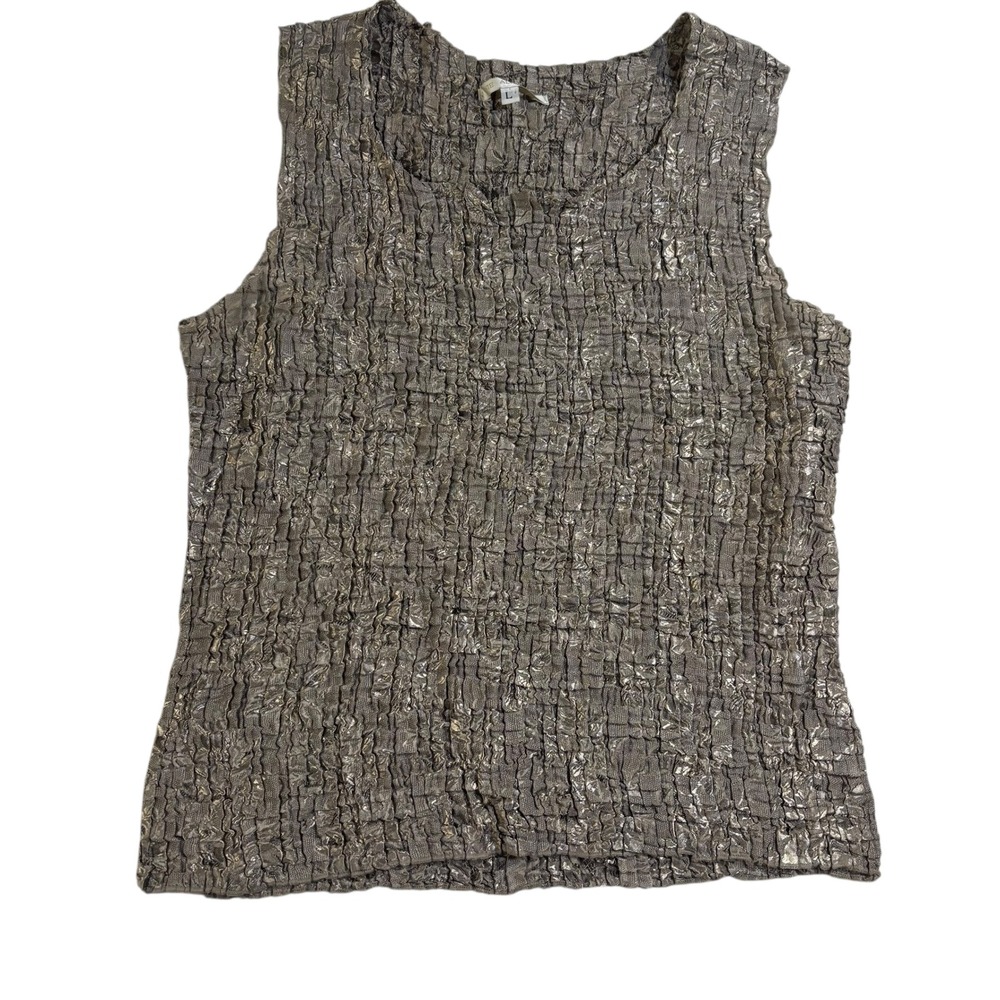 Annie Alexander Sleeveless Top Metallic Crinkle Textured Gray Large